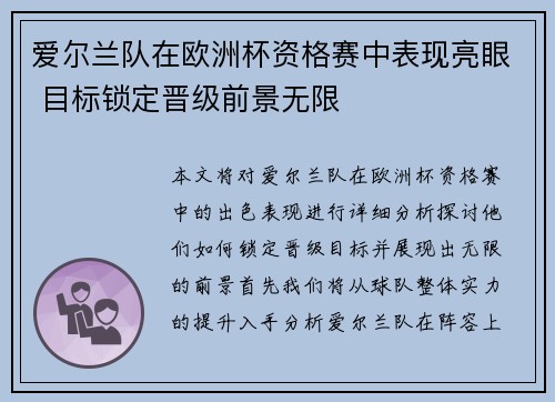 爱尔兰队在欧洲杯资格赛中表现亮眼 目标锁定晋级前景无限